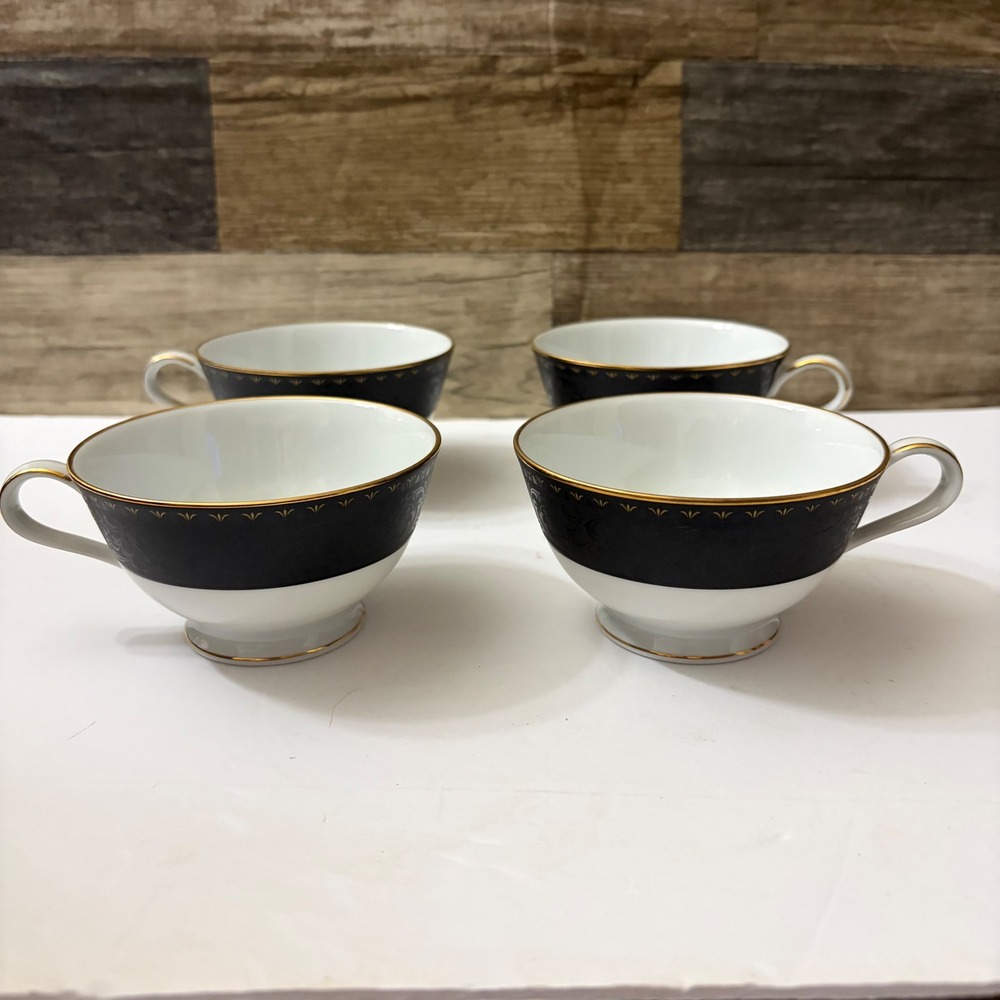 Noritake Benedicta 6976 Teacups Set of 4 Black Gold Trim Floral Scroll Japan